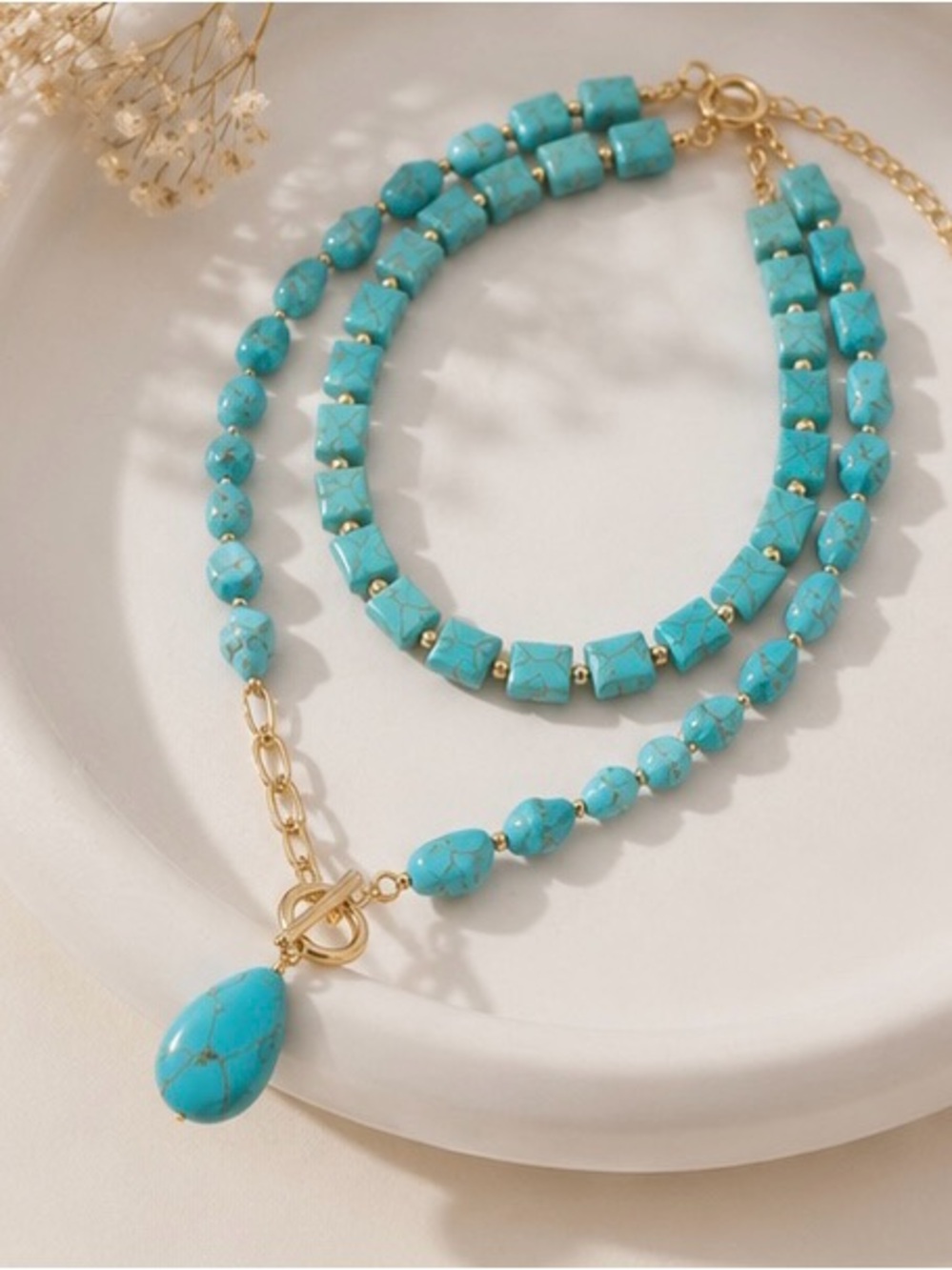Turquoise Stone Layered Necklace with Gold Chain